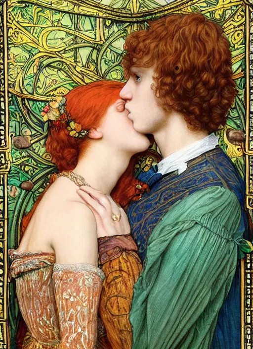 Prompt: detailed colourful masterpiece of intricate preraphaelite art nouveau photography couple portrait sat down extreme closeup, love, inside an underwater train, detailed realistic expressions, wearing unusual clothes, by ford madox brown and frederic leighton and john william waterhouse and william morris, ultra wide angle