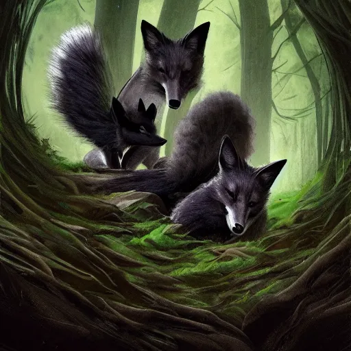 Prompt: three black foxes sitting on a high branch in a dense green forest, night time, pitch black sky, stars, fantasy art extreme low angle shot, detailed illustration, hd, overdetailed art, by greg rutkowski, trending on ArtStation, concept art, cgsociety, octane render, trending on artstation, artstationHD, artstationHQ, unreal engine, 8k