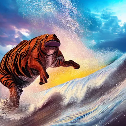 Image similar to a closeup photorealistic photograph of an energetic knitted tiger hippopotamus riding a large wave during sunset. surf in the background. professional capture. brightly lit scene. this 4 k hd image is trending on artstation, featured on behance, well - rendered, extra crisp, features intricate detail, epic composition and the style of unreal engine.