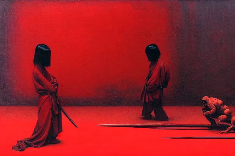 Image similar to only with red, a red samurai do seppuku, tokio, a lot of frogs watch, in the style of beksinski, parts by edward hopper, parts by rodcenko, parts by yue minjun, intricate and epic composition, red by caravaggio, insanely quality, highly detailed, masterpiece, red light, artstation, 4 k