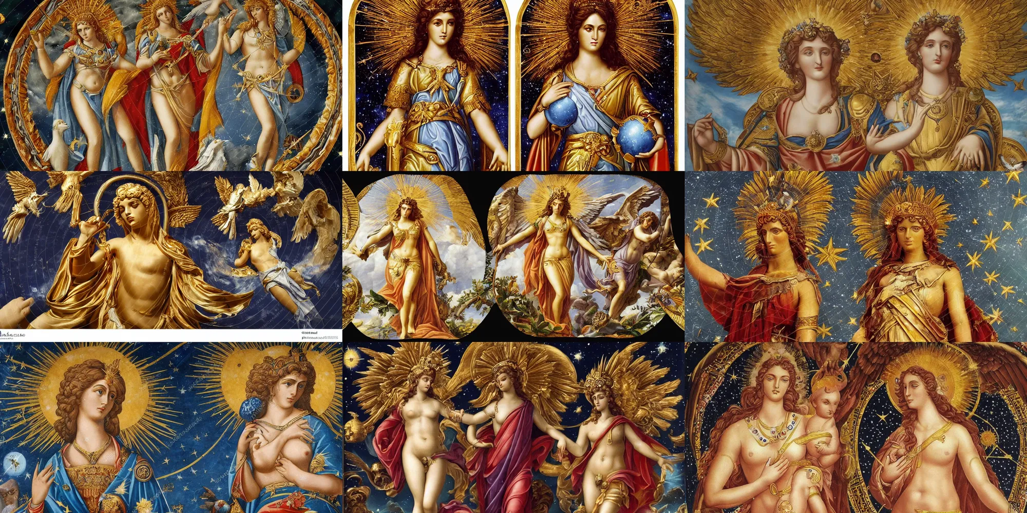 Prompt: majestic neorococo sistina saint Woman Venus godness Athena beautiful gracious pagans marble and gold in space stars clouds doves suns greeks war and peace