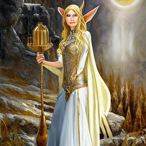 Image similar to perfect painting of an elven woman dressed in white and gold