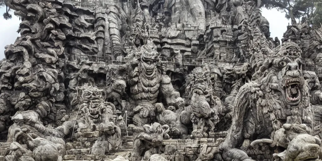 Prompt: a gigantic stone temple devoted to godzilla, a single statue, stone carving ancient, worshipers bring offerings, wide angle in the style of a nature documentary