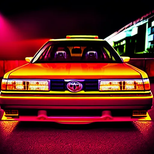 Image similar to a car Toyota Chaser twin-turbo at illegal car meet, Saitama prefecture, city sunset mist neon lights, cinematic color, photorealistic, highly detailed, 200MM