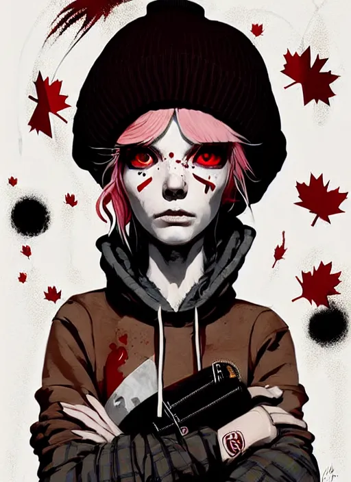 Image similar to highly detailed portrait of a sewer punk canadian lady, tartan hoody, white hair by atey ghailan, by greg rutkowski, by greg tocchini, by james gilleard, by joe fenton, by kaethe butcher, gradient red, brown, blonde cream and white color scheme, grunge aesthetic!!! ( ( graffiti tag wall background ) )