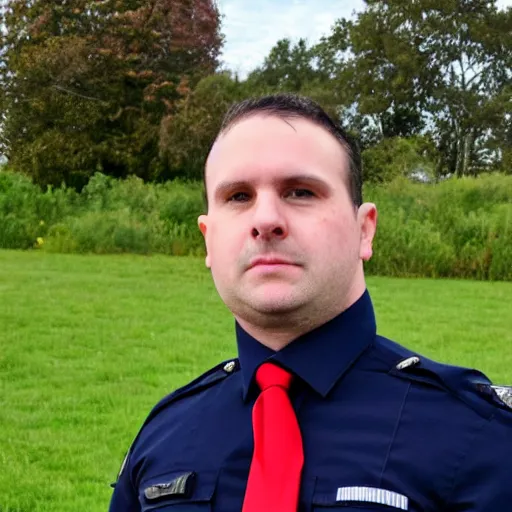 Image similar to clean - shaven chubby 3 4 year old caucasian man from uk wearing navy police sweater and necktie and black boots and police helmet. he is standing in a field.