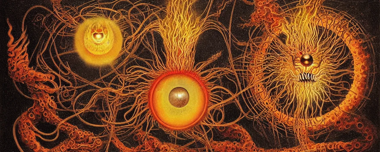 Image similar to a strange fire creature with endearing eyes radiates a unique canto'as above so below'while being ignited by the spirit of haeckel and robert fludd, breakthrough is iminent, glory be to the magic within, in honor of saturn, painted by ronny khalil