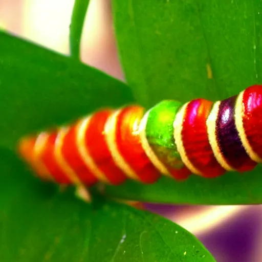 Prompt: very colorful caterpillar, fat caterpillar eats a leaf, macro, beautiful photography