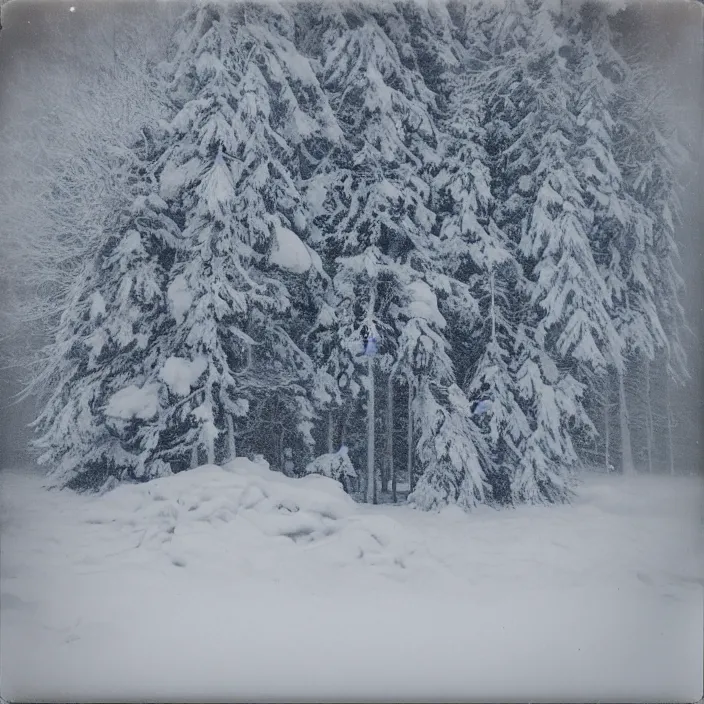 Prompt: atmospheric polaroid photo of a snowy taiga growing in an office building