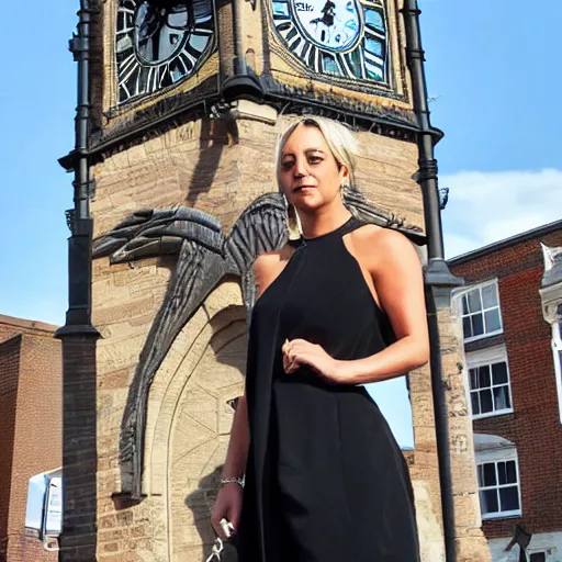 Image similar to A detailed photo of Kaley Cuoco under the Eastgate clock in Chester. Behind her we see a black panther