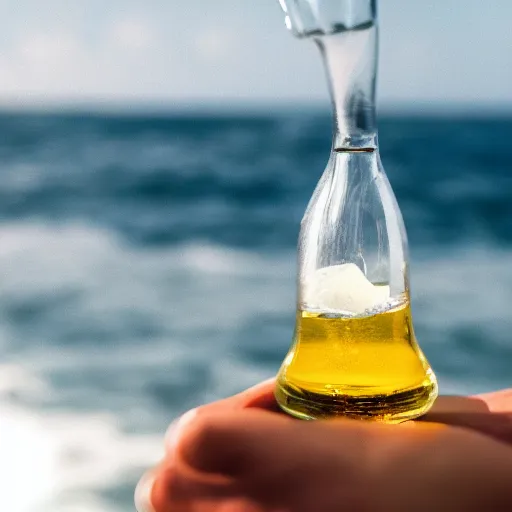 Prompt: close up still photo of an ocean in an erlenmeyer flaskw with a small island and a single palm tree and a man fishing