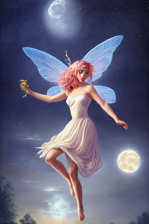 Image similar to attractive fairy magically floating high in the night, fantasy, full moon in background. highly detailed painting by artgerm, mid shot, 8 k