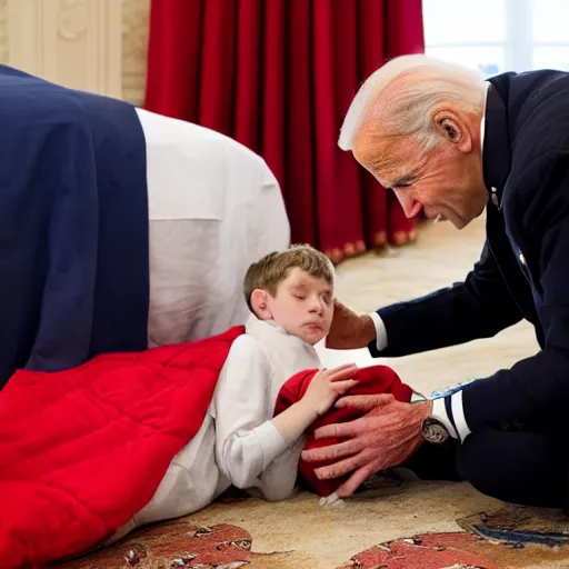 Prompt: joe biden wearing a red cloak and praying next to a sleeping young boy