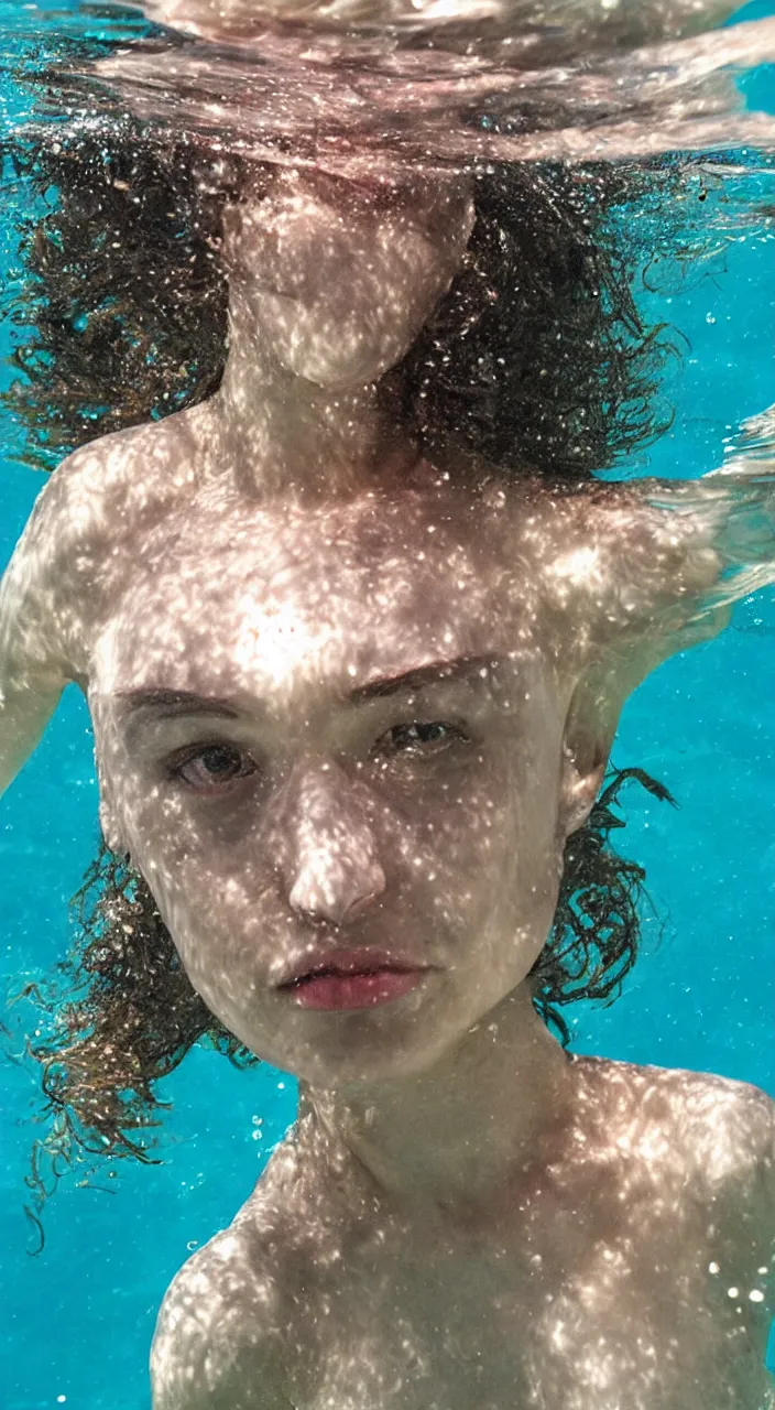 Prompt: Portrait of a beautiful female, underwater swimming