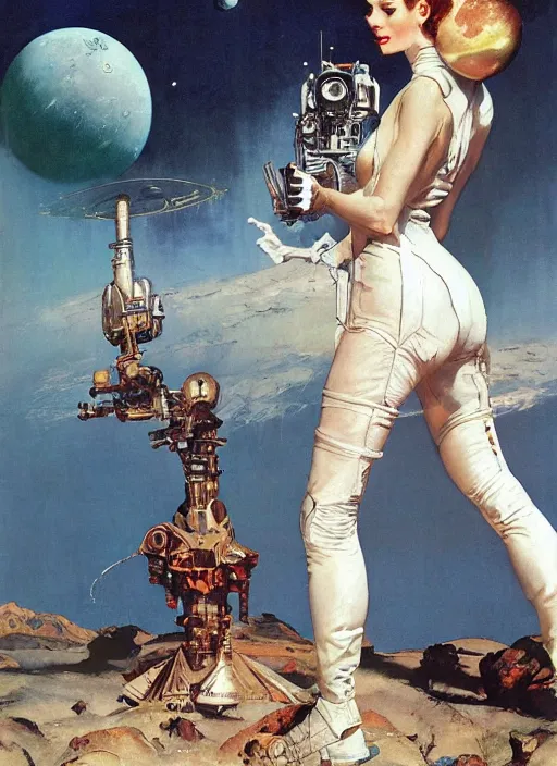 Image similar to elegant lady wearing a latex spacesuit standing on venus, by norman rockwell, jack kirby, jon berkey, earle bergey, craig mullins, ruan jia, jeremy mann, tom lovell, marvel, astounding stories, 5 0 s pulp illustration, scifi, fantasy