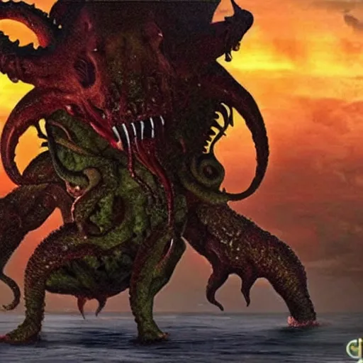 Image similar to chuck norris Fight with the giants cthulhu, cgi