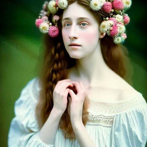 Image similar to Kodak Portra 400, 8K, soft light, volumetric lighting, highly detailed, britt marling style 3/4 ,portrait photo of a beautiful woman how pre-Raphaelites painter, a beautiful lace dress and detailed flowers adorning her hair, white pearls on her beautiful face, Realistic, Refined, Highly Detailed, natural outdoor soft pastel lighting colors scheme, outdoor fine art photography, Hyper realistic, photo realistic