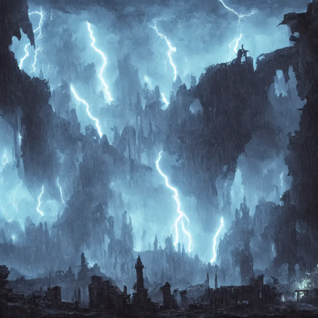 Image similar to a still of a cloaked figure standing in the ruins of crux prime, monastery, there is lightning, blue fiery maelstrom in the distance, it is raining, digital art, artstationhq