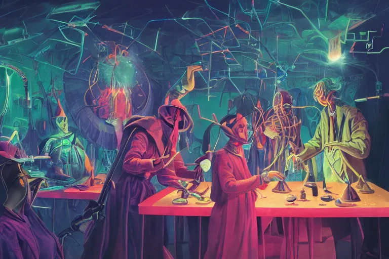 Image similar to a beautiful highly detailed masterpiece photograph of wizards performing cutting edge prompt engineering in a scientific laboratory by remedios varo and anato finnstark and greg rutkowski and andy warhol and francis picabia, dayglo pink, dayglo blue, prismatic, glowing, trending on artstation