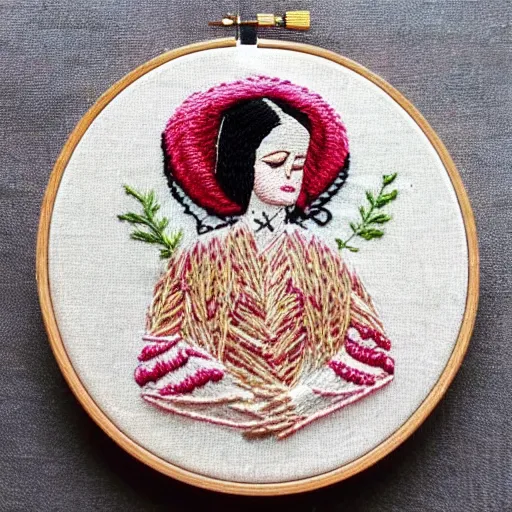 Image similar to a tiny beautiful handmade embroidery of a woman. hand embroidery.