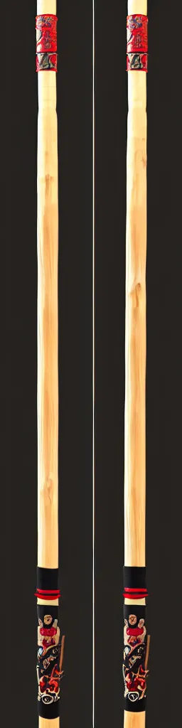 Image similar to single wooden long straight thin ninja fighting staff with oriental ornaments, weapon, highlight, vertical, centred, highly symmetric, sci - fi, fantasy, japan, dnd, close shot, bright uniform background, award winning, 8 k