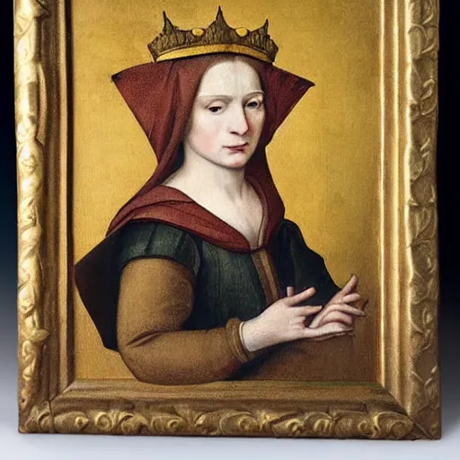 Image similar to a renaissance style portrait painting of a Cat, wearing a crown and cape, dark background