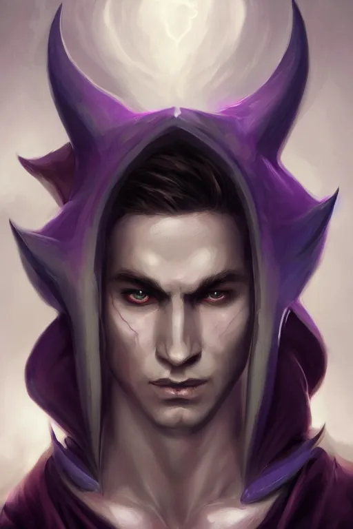 Prompt: djinn man male demon, portrait, full body character, concept art, purple cloak, single face, illustration, white spiral drill horns, single face, cinematic color grading, editorial photo, fashion, hyperrealism, trending on artstation, Charlie Bowater, WLOP