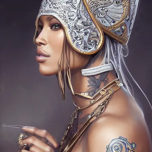 Prompt: an attractive young tattooed female with piercings wearing an white ornate metallic helmet, naomi campbell, olive skin, long dark hair, beautiful bone structure, intricate, elegant, highly detailed, digital painting, artstation, concept art, smooth, sharp focus, illustration, art by artgerm and greg rutkowski and alphonse mucha