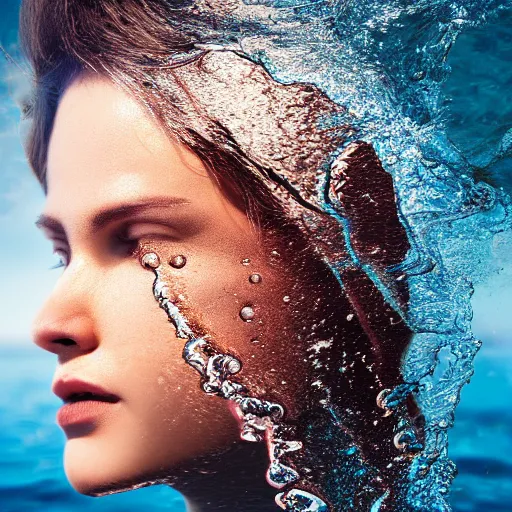 Image similar to water artwork manipulation in the shape of a beautiful female head, on the ocean water, ray tracing, realistic water sharp focus, long shot, 8 k resolution, cinematic, amazing water art, hyper realistic