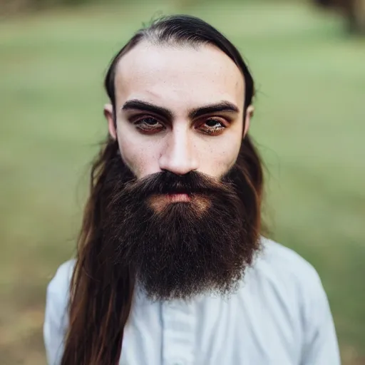 Prompt: young man, long hair, short facial hair, no mustache, dark green eyes, dark eyebrows, light widows peak light facial hair, canon eos r 3, f / 1. 4, iso 2 0 0, 1 / 1 6 0 s, 8 k, raw, unedited, symmetrical balance, in - frame