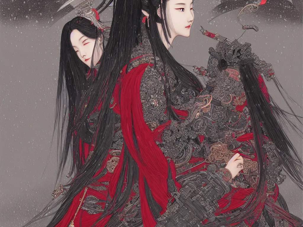 Image similar to portrait jisoo blackpink, grey hair black and red samurai armor, in japanese temple heavily rainy night, ssci - fi and fantasy, intricate and very very beautiful and elegant, highly detailed, digital painting, artstation, concept art, smooth and sharp focus, illustration, art by tian zi and wlop and alphonse mucha