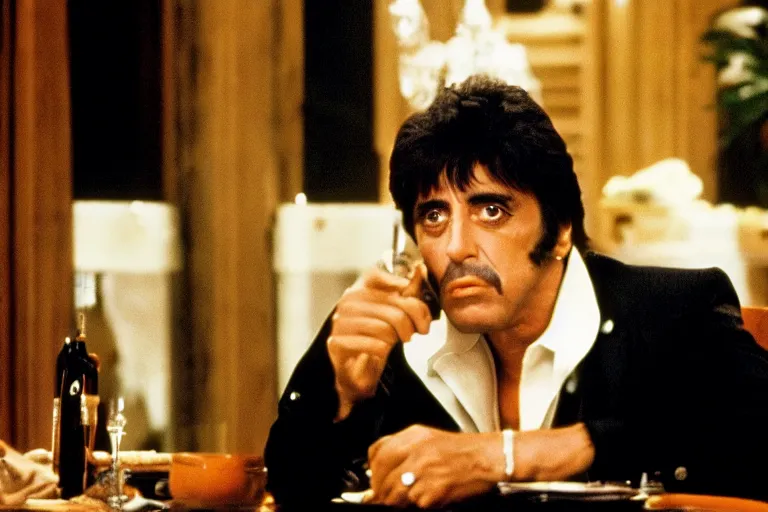 Image similar to tony montana from movie scarface 1 9 8 3 sitting at a big black oak table with big packages of flour. next to the night window. al pacino. perfect symmetric face, coherent eyes,, fine details, 4 k, ron cobb, cinestill