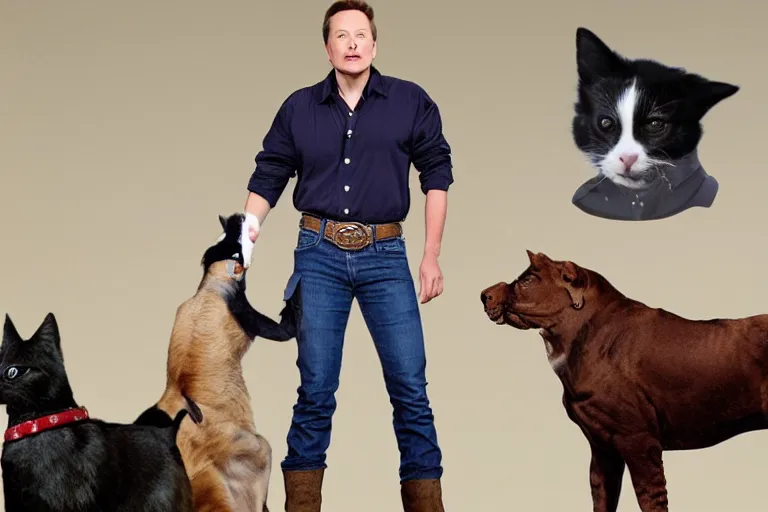 Prompt: apple dressed as cowboy costume, dog and cat, elon musk modeling with steve jobs