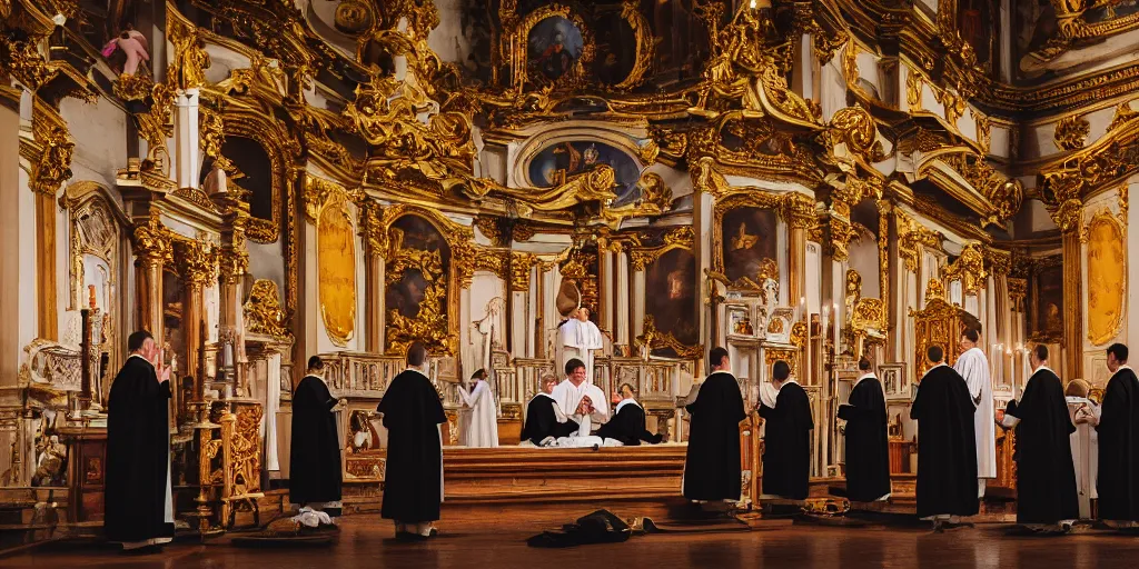 Prompt: photography of circle group of priests invoking ritual in a baroque intricate church