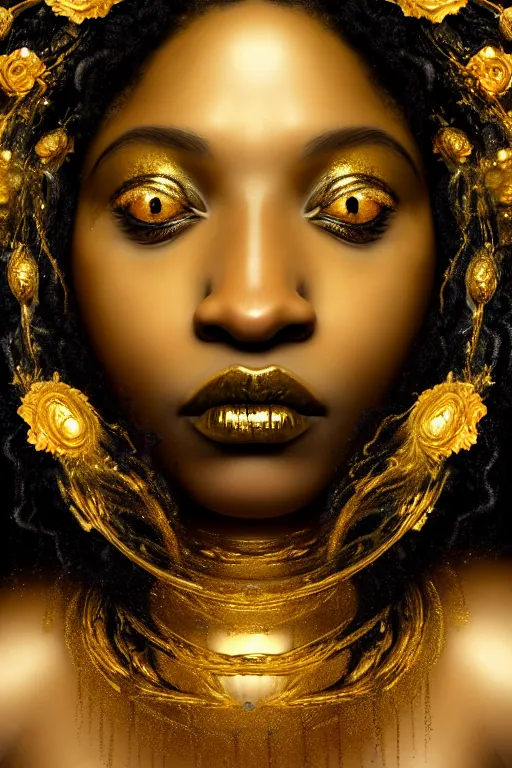 Image similar to hyperrealistic neo - rococo cinematic very expressive! black oshun goddess, open eyes, body in water, mirror dripping droplet!, gold flowers, highly detailed face, digital art masterpiece, smooth eric zener cam de leon dramatic pearlescent teal light, ground angle uhd 8 k, sharp focus