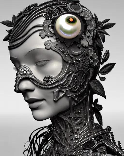 Image similar to monochrome 3 d model, 1 9 4 0 picture, floral silver steampunk biomechanical beautiful young female cyborg with porcelain profile face and a techno eye, volumetric light, leaves foliage and stems, hibiscus flowers, sinuous fine roots, fine foliage lace, alexander mcqueen, rim light, big gothic fashion pearl embroidered collar, octane render, 8 k