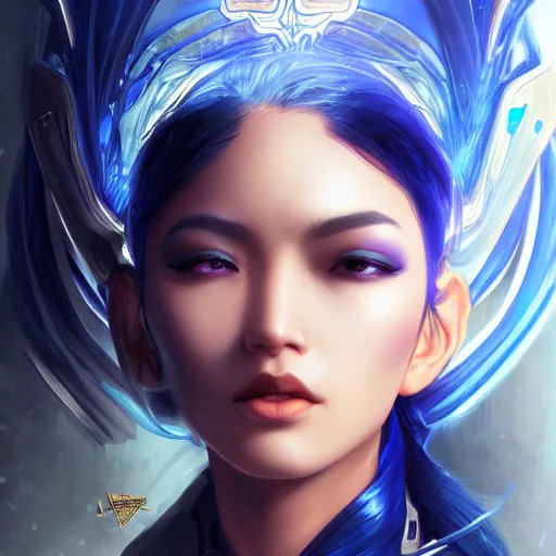 Image similar to closeup portrait of a young asian Cyberpunk woman with dark blue hair, fantasy, intricate, elegant, highly detailed, digital painting, artstation, concept art, matte, sharp focus, illustration, hearthstone, art by Artgerm and Gred Rutkowski and Alphonse Mucha