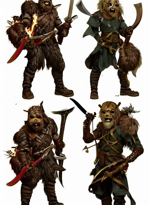 Image similar to photorealistic bugbear ranger holding sword on fire, magic, black beard, dungeons and dragons, pathfinder, roleplaying game art, hunters gear, jeweled ornate leather and steel armour, concept art, character design on white background, by sargent, norman rockwell, makoto shinkai, kim jung giu, artstation trending, poster art, colours red