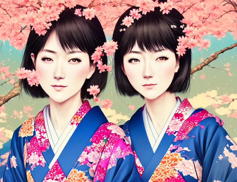 Image similar to two beautiful charming japan girls wear arty kimono in festival | | sunny night, full moon, dreamlike art, realistic shaded, smile, good looking, hyper details, 4 k realistic, cryengine, realistic shaded lighting poster by ilya kuvshinov, fuji choko, ross tran, 8 k resolution, trending on artstation, luxury