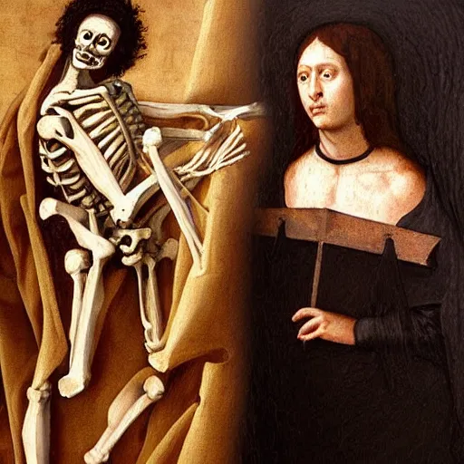 Image similar to skeleton in heaven dressed as renaissance artist painting a portrait of a model dressed as a Saint, painting, renaissance art, detailed, oil painting