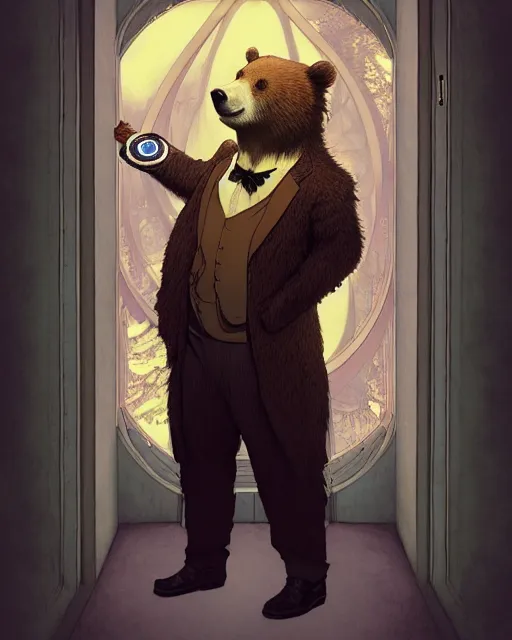 Image similar to anthropomorphic art of a detective bear in tardis, victorian inspired clothing by artgerm, victo ngai, ryohei hase, artstation. fractal papersand books. highly detailed digital painting, smooth, global illumination, fantasy art by greg rutkowsky, karl spitzweg