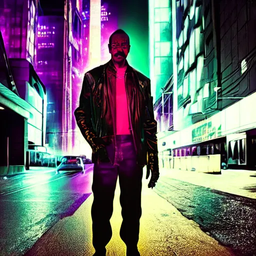 Prompt: cyberpunk eddie murphy, standing on a cyberpunk street at night, streets are lit with neon lights, portrait, cinematic