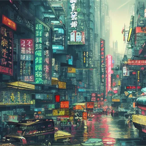 Image similar to oriental painting of cyberpunk hong kong in the year 2 0 4 7