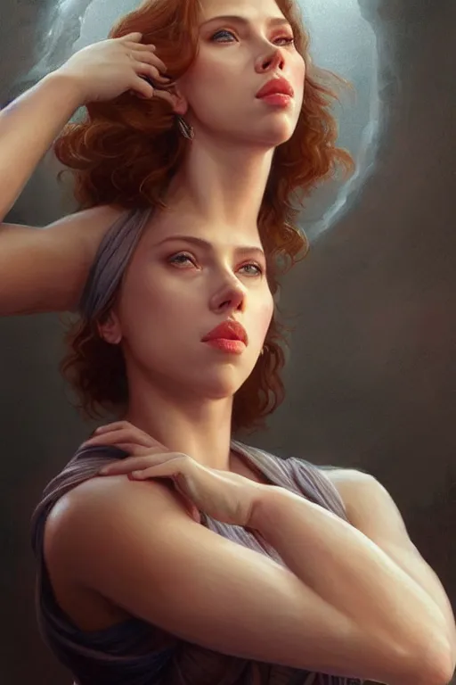 Image similar to Scarlett Johansson is a Greek Goddess , anatomy, only two hands, highly detailed, digital painting, artstation, concept art, smooth, sharp focus, illustration, Unreal Engine 5, 8K, art by art by artgerm and greg rutkowski and edgar maxence