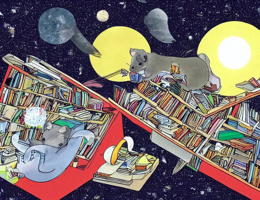 Prompt: student possum reading a book in a cluttered library inside a futuristic spacecraft with views of the universe