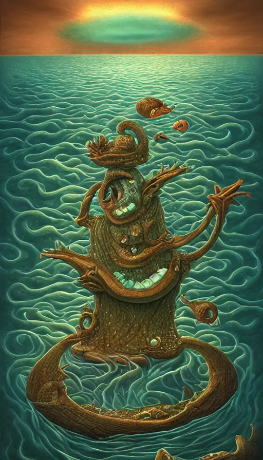 Image similar to man on boat crossing a body of water in hell with creatures in the water, sea of souls, by naoto hattori