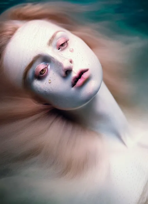 Image similar to Kodak Portra 400, 8K,ARTSTATION, Caroline Gariba, soft light, volumetric lighting, highly detailed, britt marling style 3/4 , extreme Close-up portrait photography of a beautiful woman how pre-Raphaelites,inspired by Ophelia paint, the face emerges from water of Pamukkale, underwater face, hair are intricate with highly detailed realistic beautiful flowers , Realistic, Refined, Highly Detailed, interstellar outdoor soft pastel lighting colors scheme, outdoor fine art photography, Hyper realistic, photo realistic