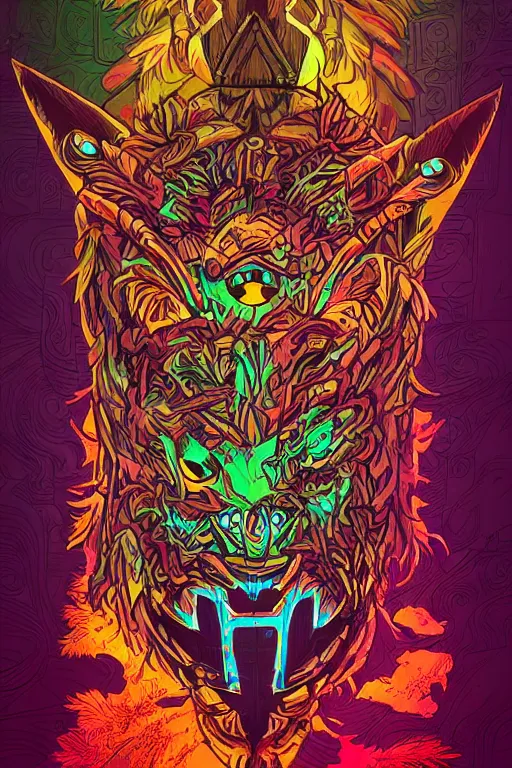 Image similar to totem animal tribal chaman vodoo mask feather gemstone plant wood rock video game illustration vivid color borderlands by josan gonzales and dan mumford radiating a glowing aura