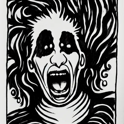 Image similar to portrait of crazy person screaming black ink on paper