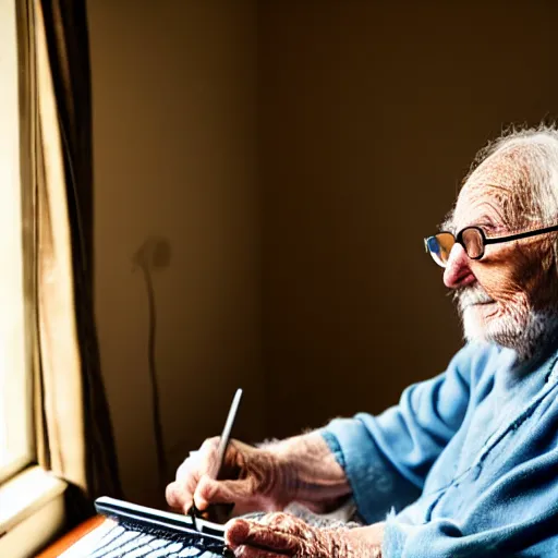 Image similar to Portrait of a very old grandpa sitting at a very old desk, with very old curtains in the room. The desk has a very old phone on it. Dusty air. Interview.